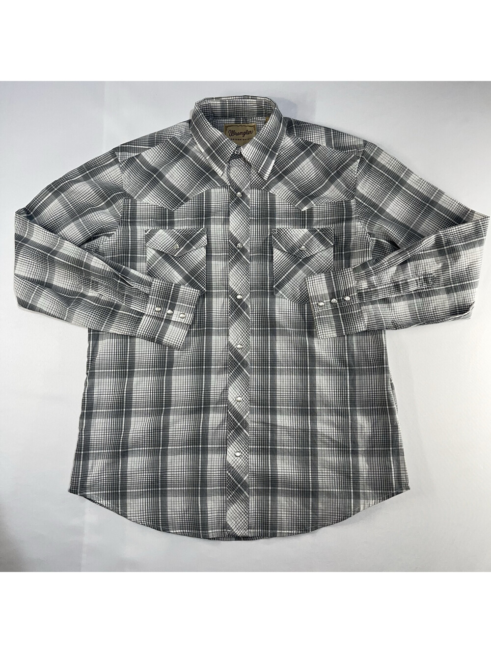 Wrangler Shirt Men's L Gray Plaid Long Sleeve Pearl Snap Western Cowboy Rodeo
